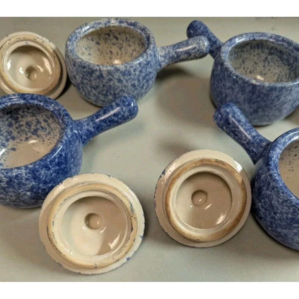 Vintage Bleu Co Gailst Blue Spongeware Lidded Soup Crocks - Set of 4 - Picture 8 of 15
